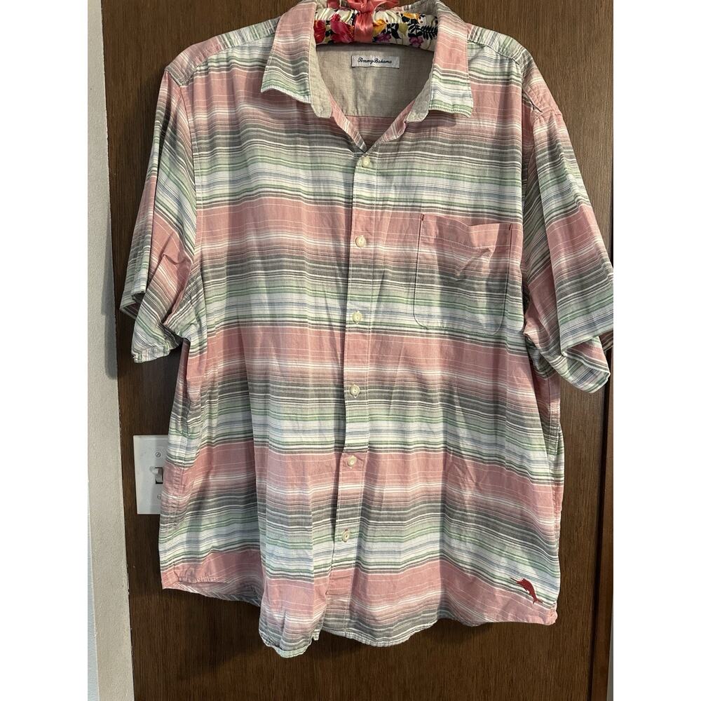 Tommy Bahama XXL mens 100-% cotton striped collard button down pink white green
